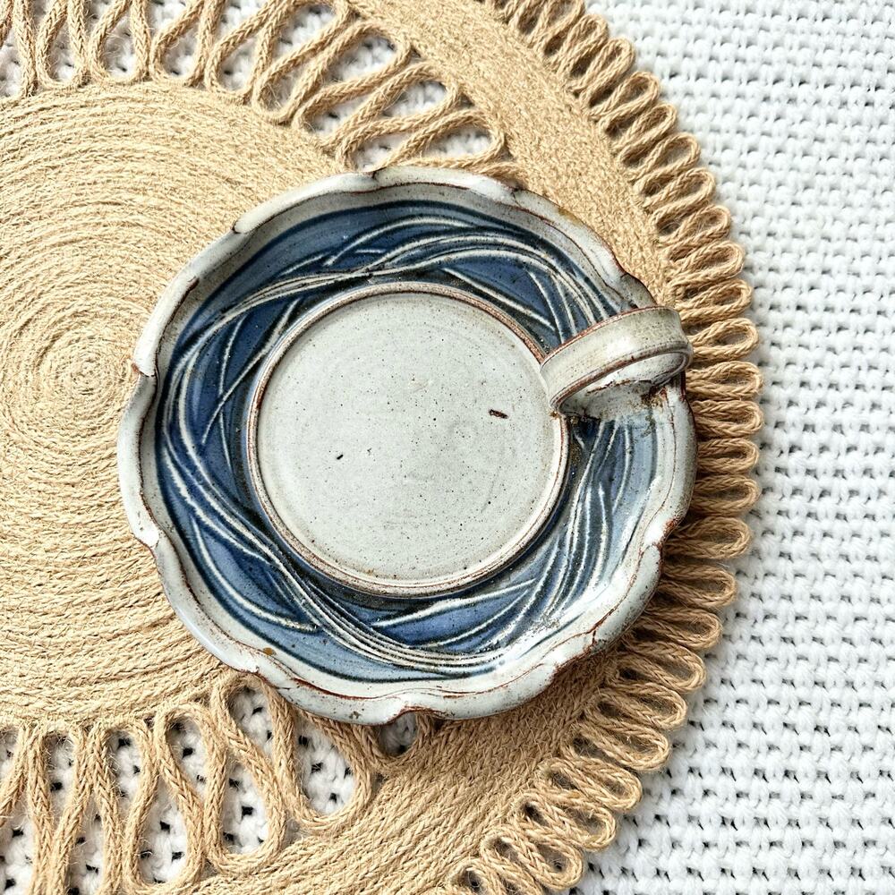 Owen Pottery Original Curved Scallop Lip Finger Loop Candle Holder Trinket Dish